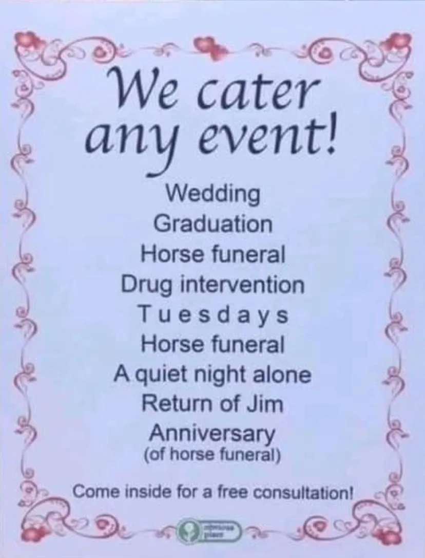 A light blue flyer with a decorative red floral border advertises catering services for any event, listing normal events…