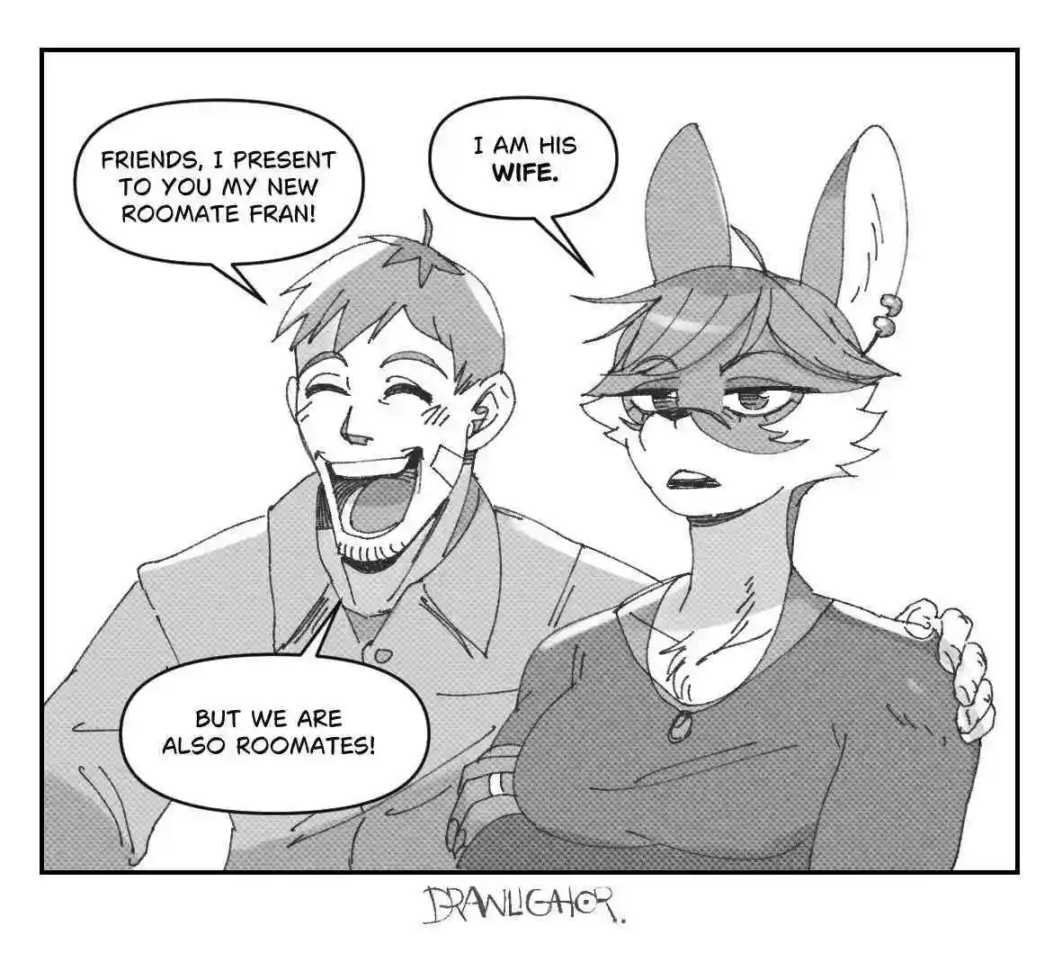 A black-and-white comic panel shows a cheerful human man introducing his new roommate, Fran, who is an anthropomorphic…