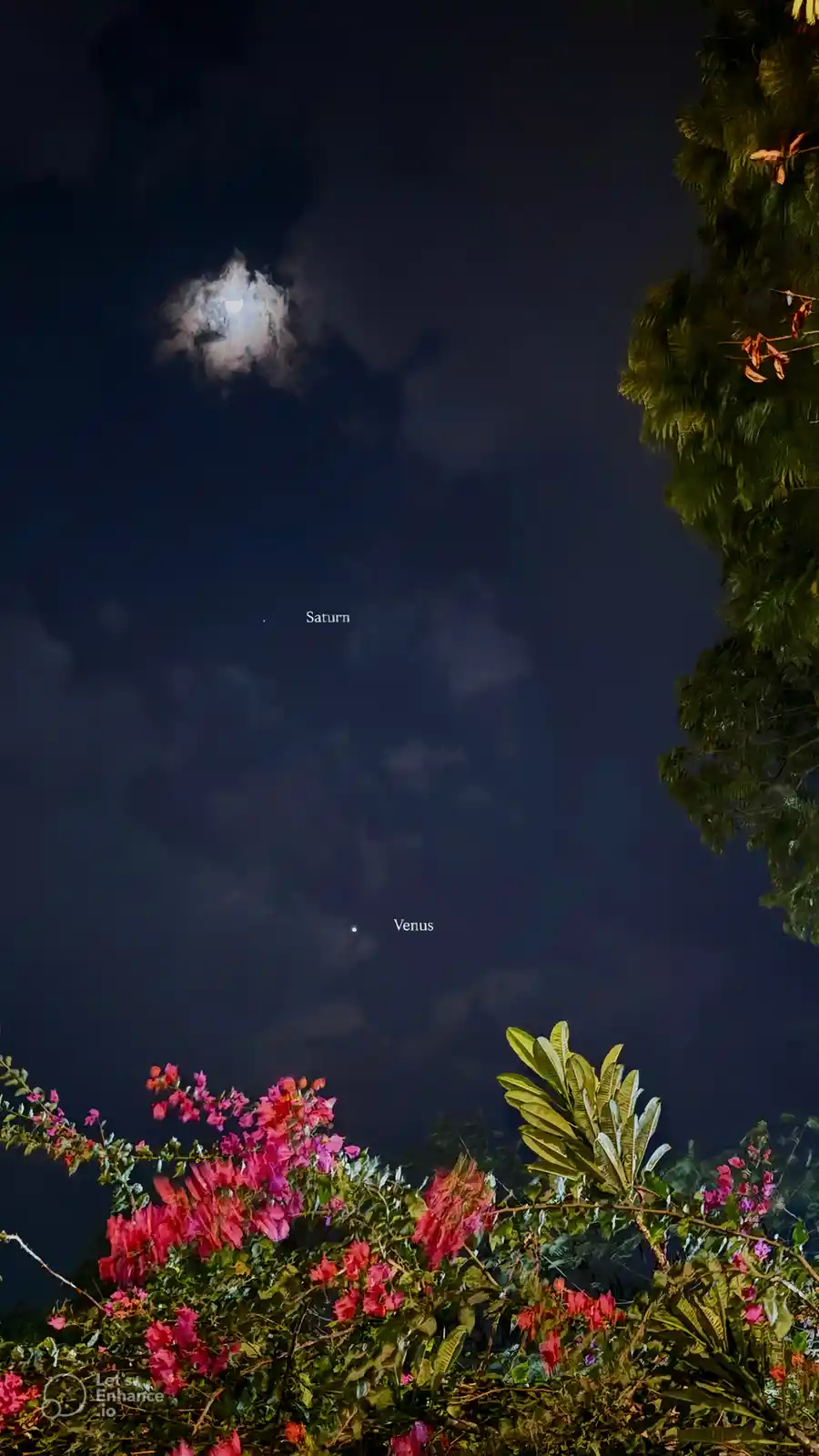 A night sky photo with a partially cloud-covered moon at the top, two labeled celestial bodies labeled 'Saturn' and 'Venus'…