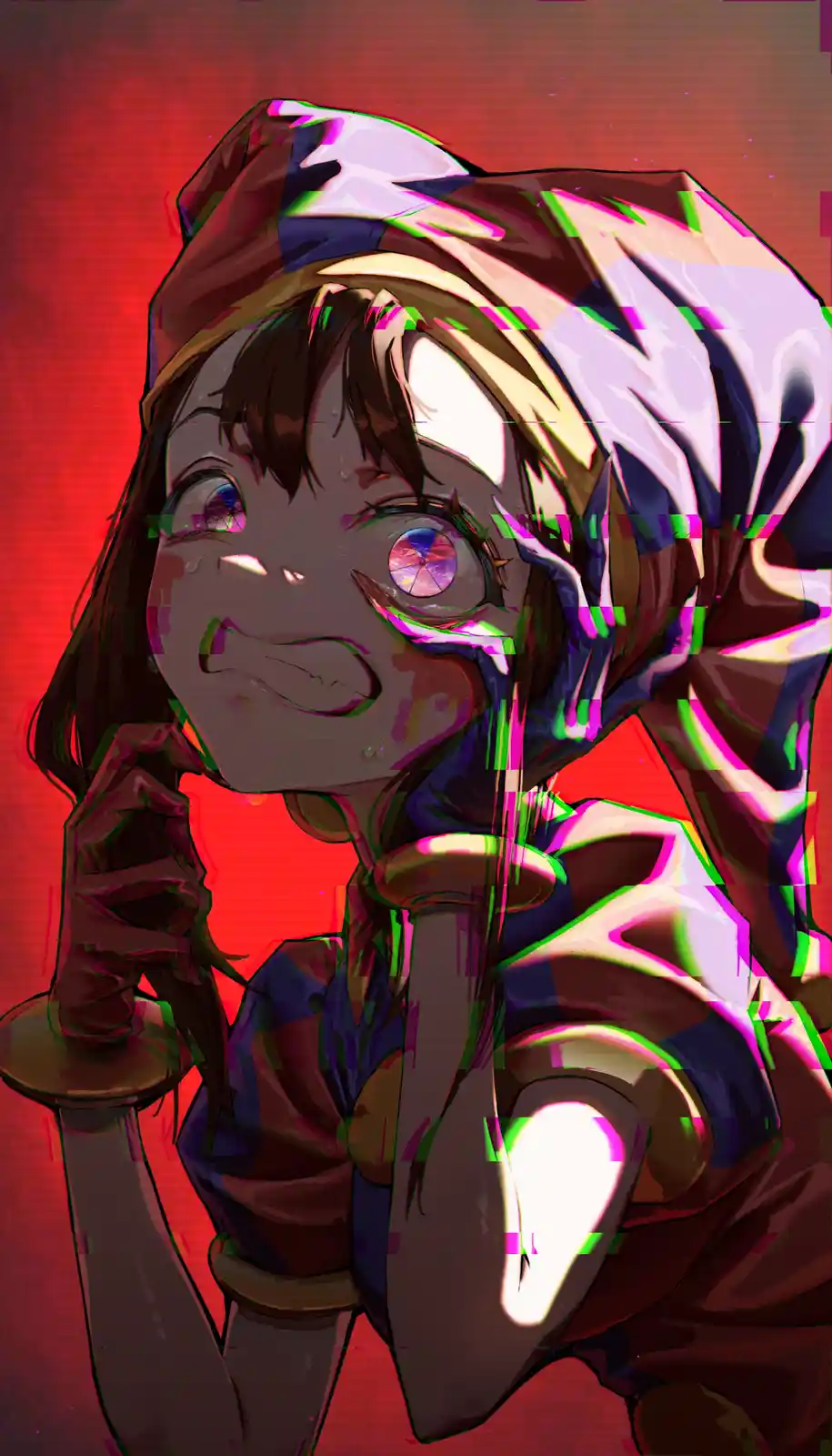 An anime-style girl with brown hair and a headband holds a sword, her face contorted in an exaggerated crying expression…