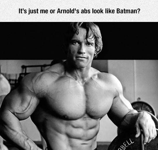 A black and white photo of Arnold Schwarzenegger flexing his highly defined abdominal muscles, holding a barbell. The image…