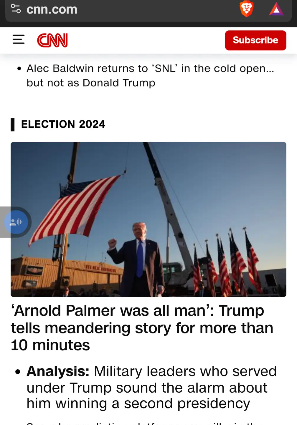A screenshot of a CNN news article about Donald Trump telling a long, rambling story about Arnold Palmer. The image shows…
