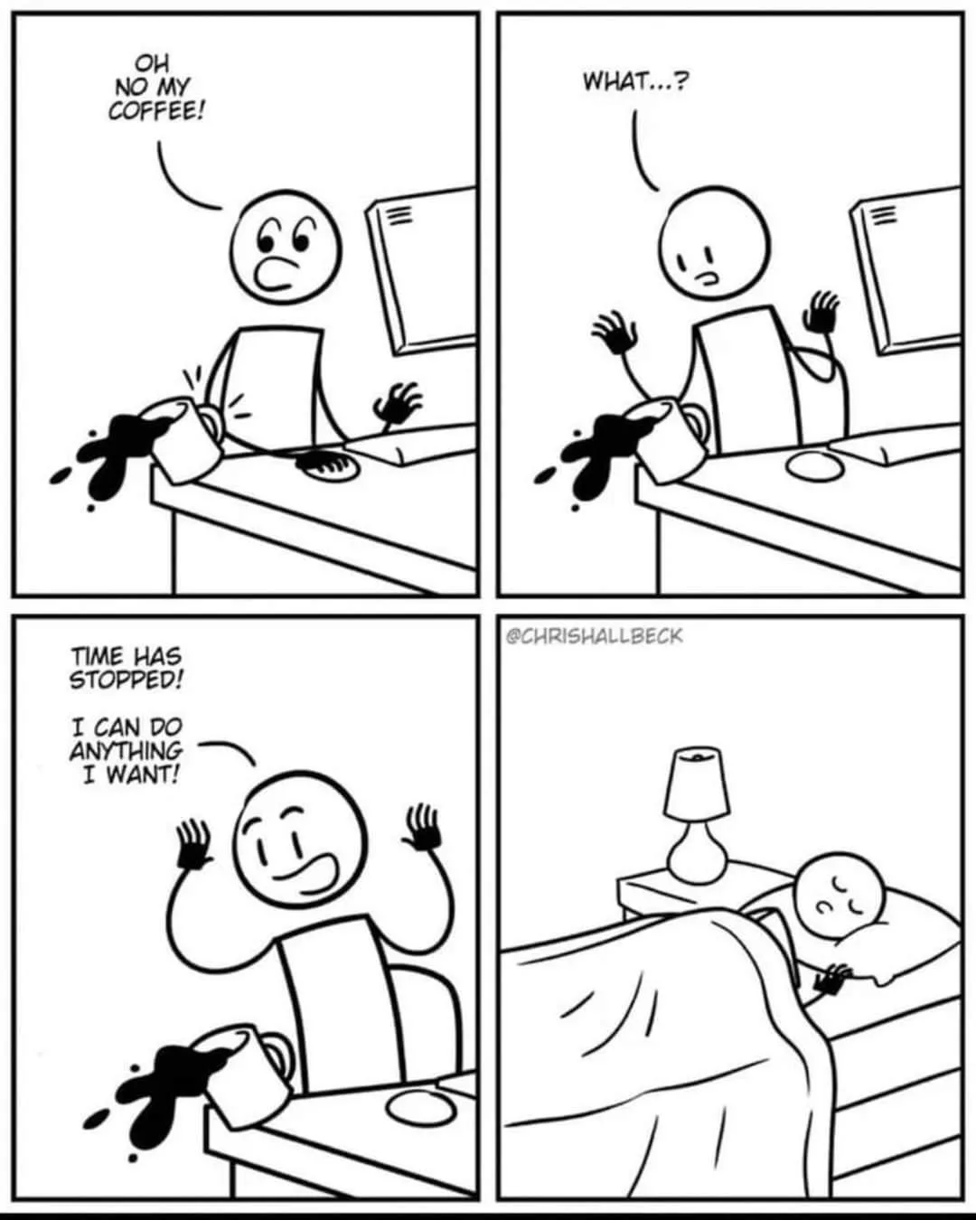 A four-panel black-and-white comic strip shows a stick figure character spilling coffee, then realizing time has stopped…