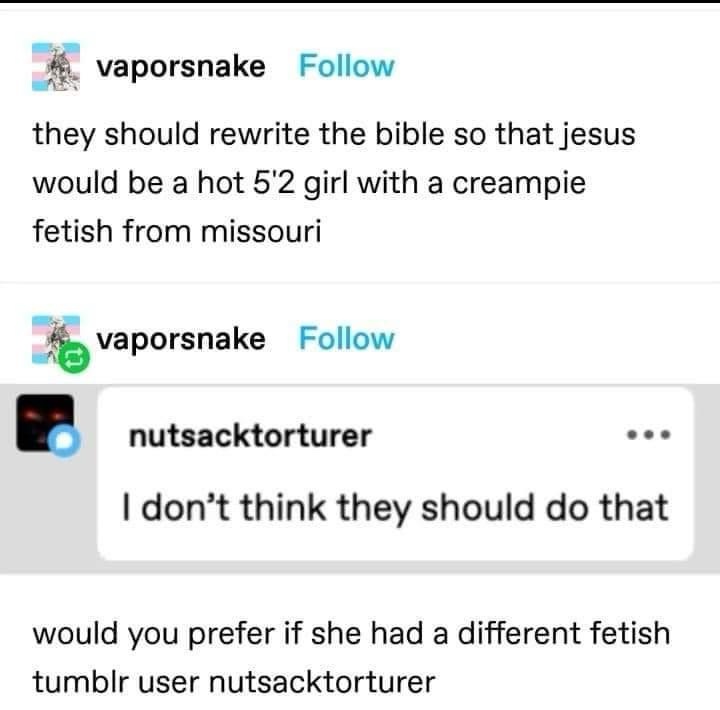 A screenshot of a Tumblr comment thread shows user 'vaporsnake' suggesting rewriting the Bible to make Jesus a 5'2" girl…