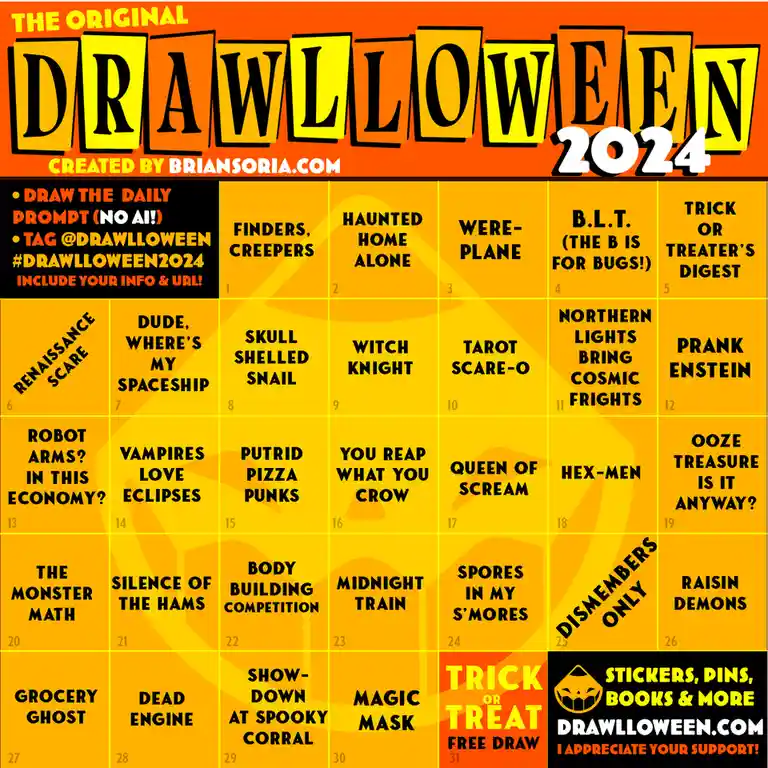 A vibrant orange and yellow 2024 Halloween drawing challenge calendar titled 'THE ORIGINAL DRAWLLOWEEN 2024' created by…