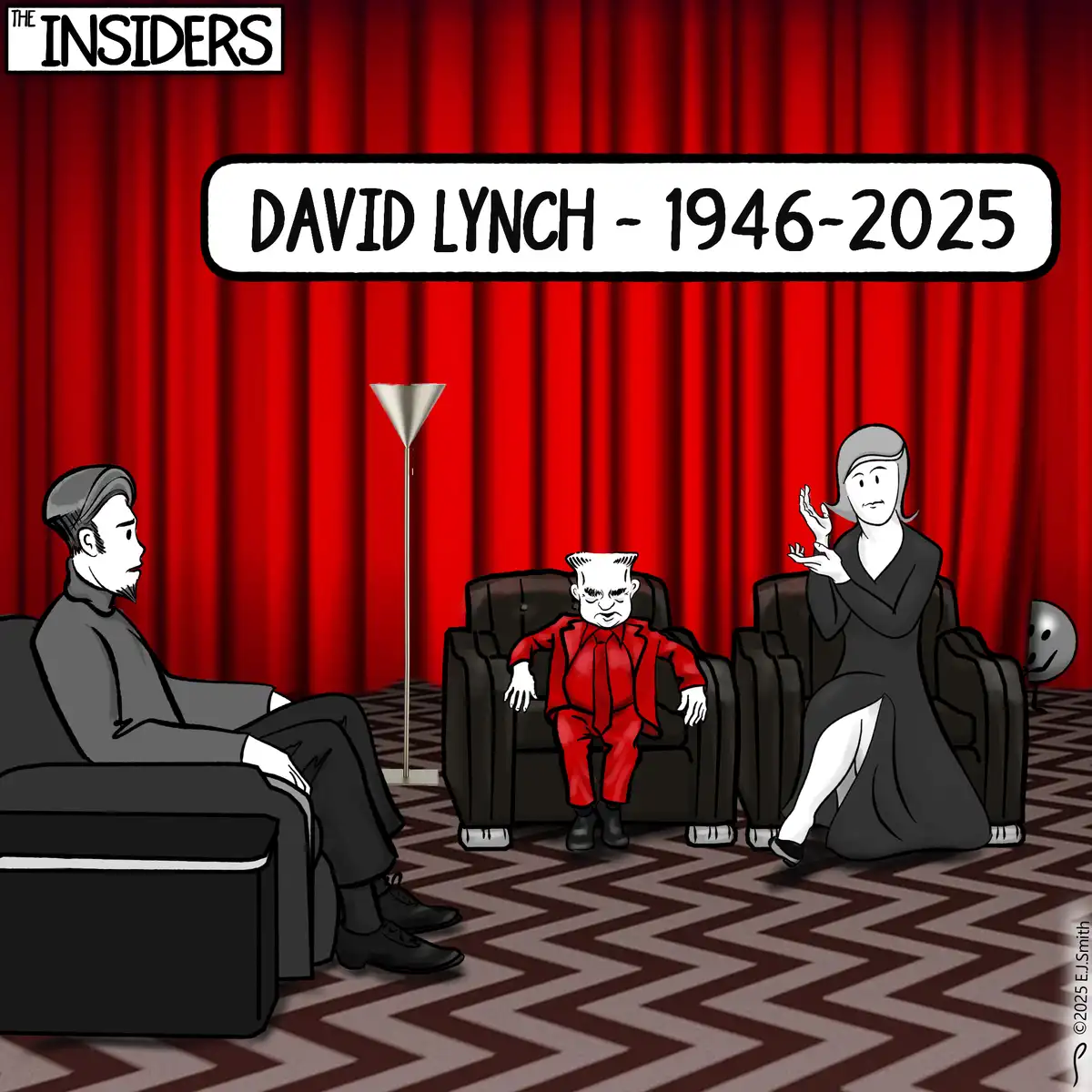 A cartoon depicts a somber scene with three figures seated in armchairs before a red curtain. The central figure, dressed in…