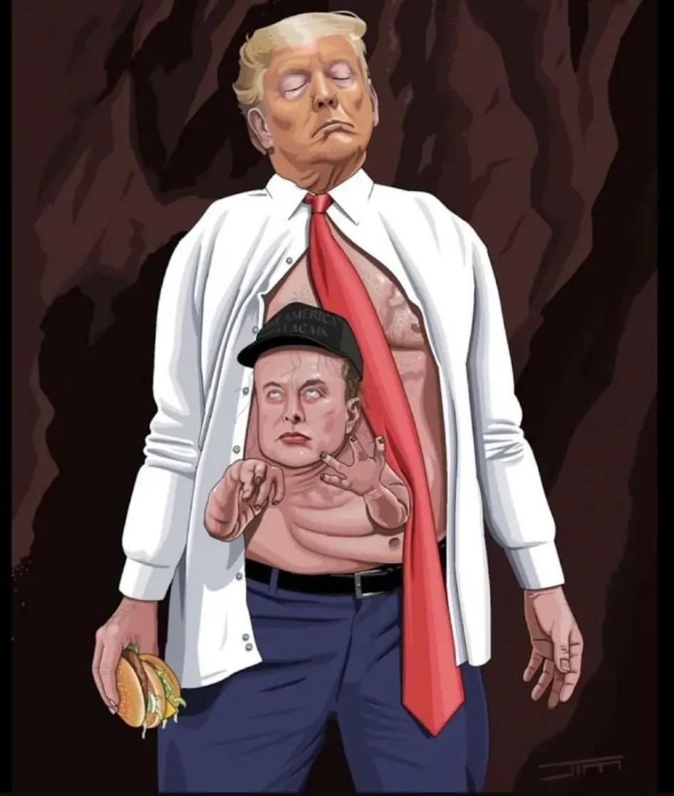 a cartoon depicts a man resembling donald trump with his shirt open, revealing a smaller man resembling elon musk wearing a…
