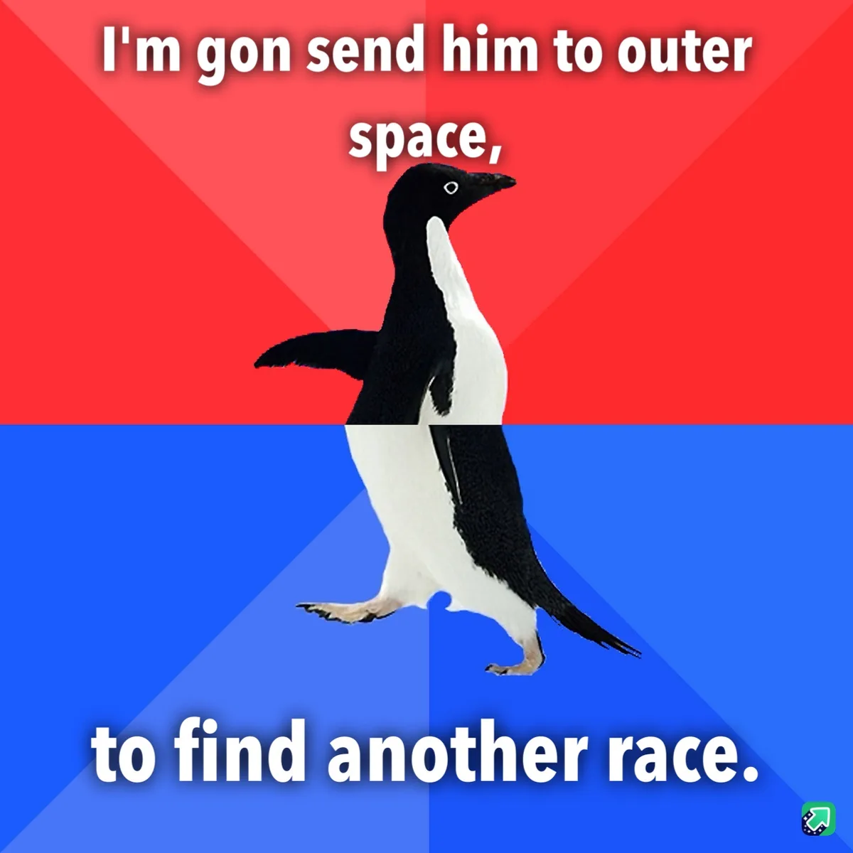A black-and-white penguin stands centered against a red-and-blue background, with white text overlaid that reads 'I'm gon…