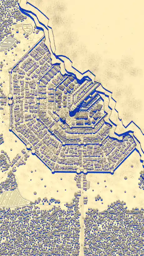 A stylized, sepia-toned map depicts a medieval-style walled city with a highly unusual hexagonal shape, surrounded by…