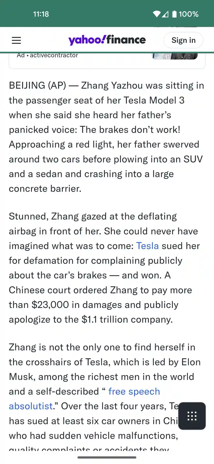 A screenshot of a Yahoo Finance article detailing how Zhang Yazhou, a Tesla Model 3 passenger, was sued by Tesla for…