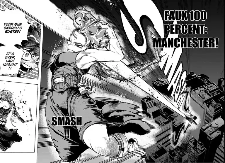 A black-and-white manga panel shows a muscular character mid-air, smashing a giant sword through a cityscape. The overlaid…