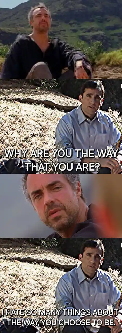 This meme features four panels from the TV show 'Lost,' showing characters Jack Shephard and Locke in a desert-like setting…
