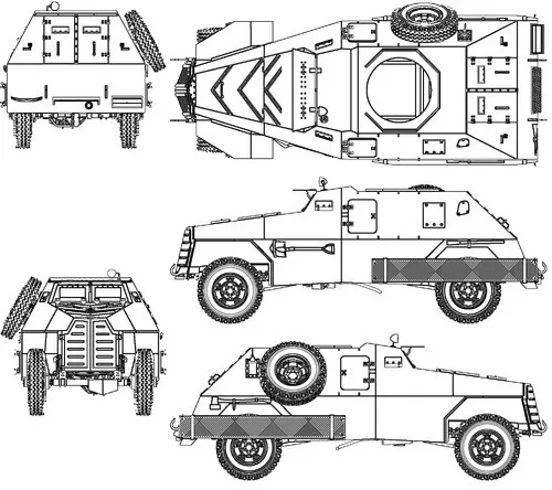 A black-and-white technical blueprint showing a military armored vehicle from five different perspectives: front, rear, top…