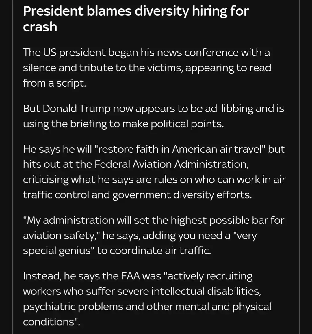 The image displays a black background with white text, presenting a news article excerpt about Donald Trump blaming…