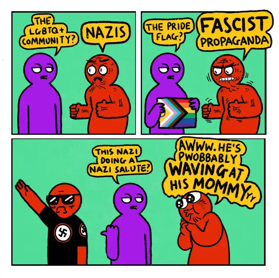 A three-panel comic shows a purple character asking a red character about the LGBTQ+ community, who responds with 'NAZIS'…