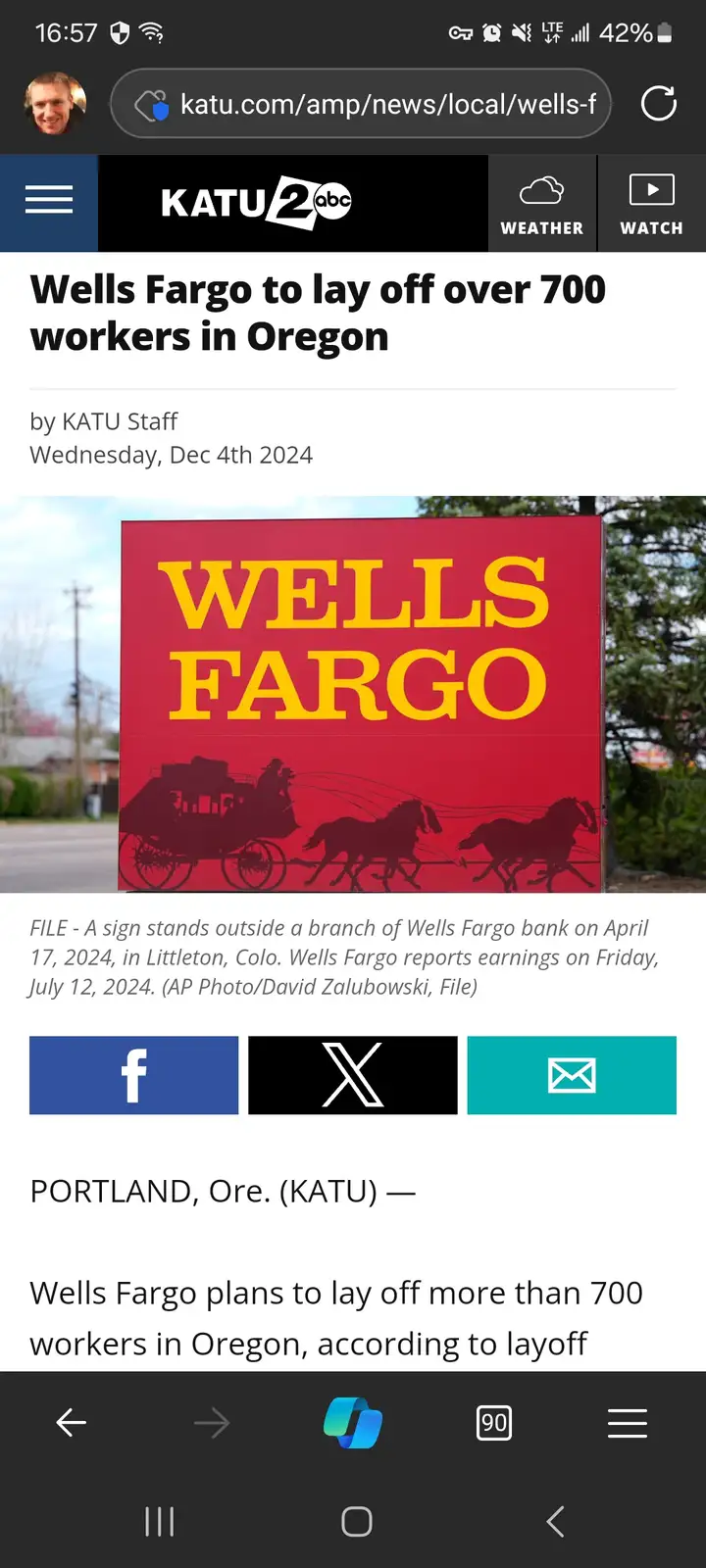 A screenshot of a KATU news article about Wells Fargo laying off over 700 workers in Oregon, featuring a photo of a Wells…
