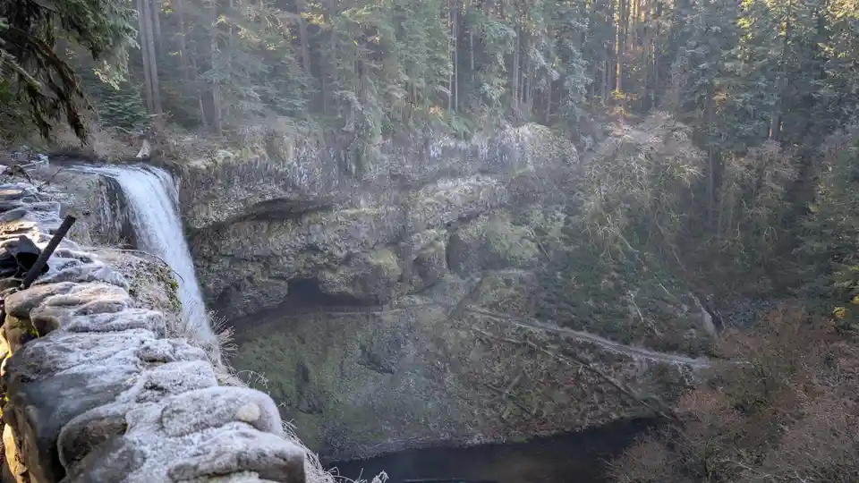 A scenic view of a waterfall cascading into a deep, mossy canyon surrounded by dense forest, with a stone overlook in the…