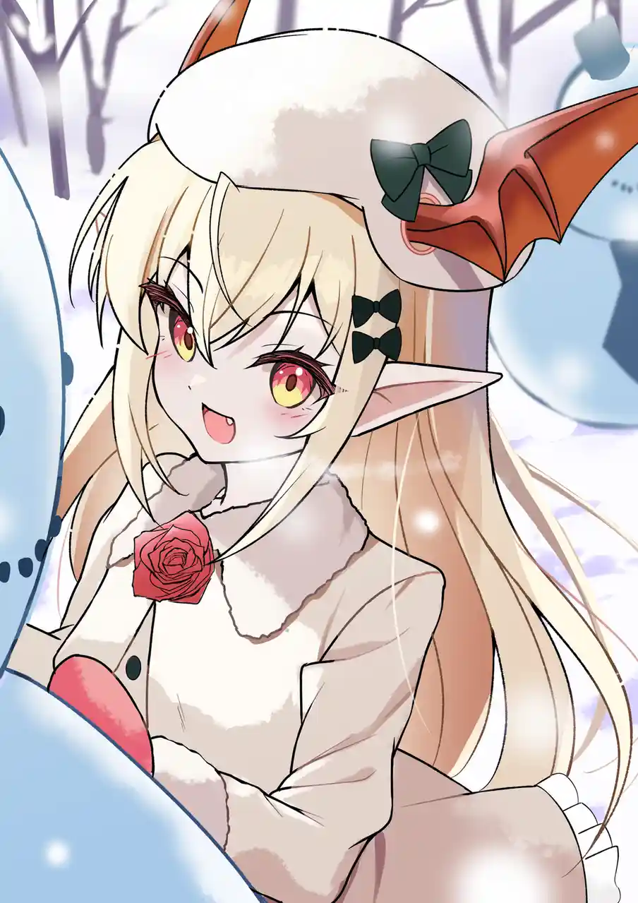 An anime-style girl with blonde hair, red eyes, and bat-like ears wearing a white winter hat with a green bow, a white coat…