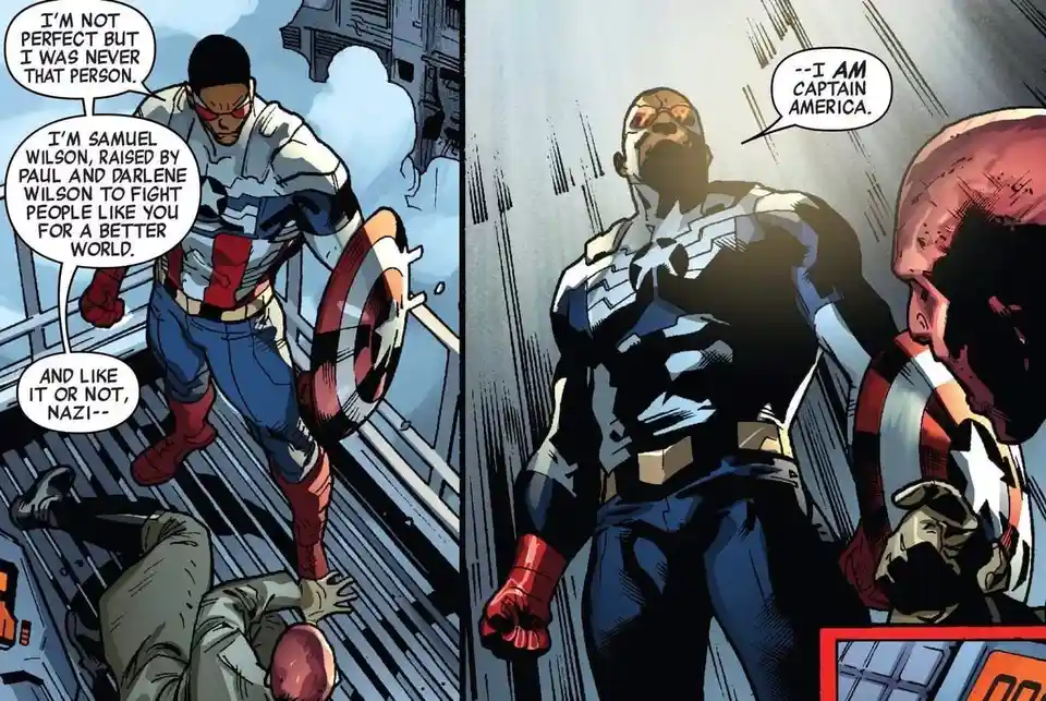 A comic book panel split into two scenes. Left: Sam Wilson, in Captain America's uniform and holding his shield, speaks to…