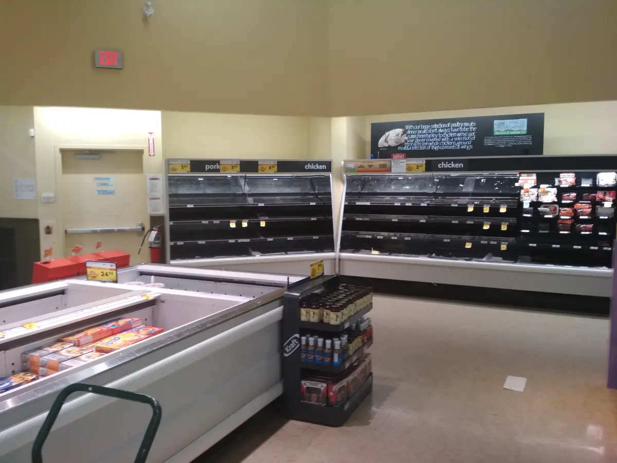 A supermarket meat aisle with mostly empty refrigerated shelves labeled 'pork' and 'chicken', with only a few items visible…