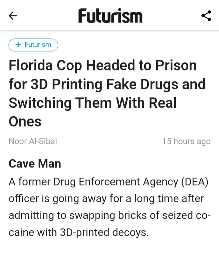 A screenshot of a Futurism news article headline about a former DEA officer sentenced for swapping real cocaine with…