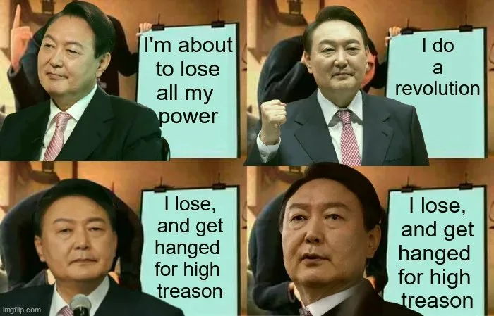 A four-panel meme featuring South Korean President Yoon Suk Yeol in different expressions, each panel showing him holding a…