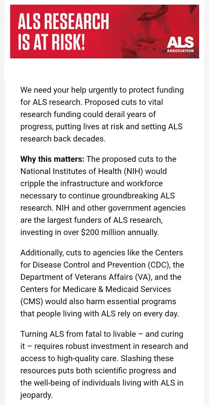 A red banner at the top of a fundraising appeal from the ALS Association reads 'ALS RESEARCH IS AT RISK!' in bold white…