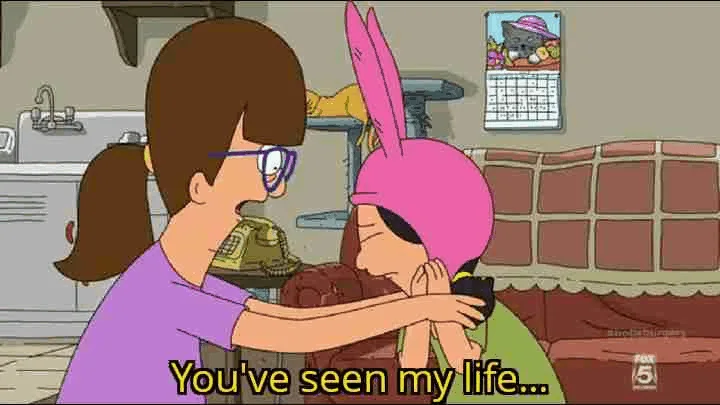 A four-panel comic strip from the animated show 'Bob's Burgers' shows Tina Belcher, wearing a pink bunny hat, being…
