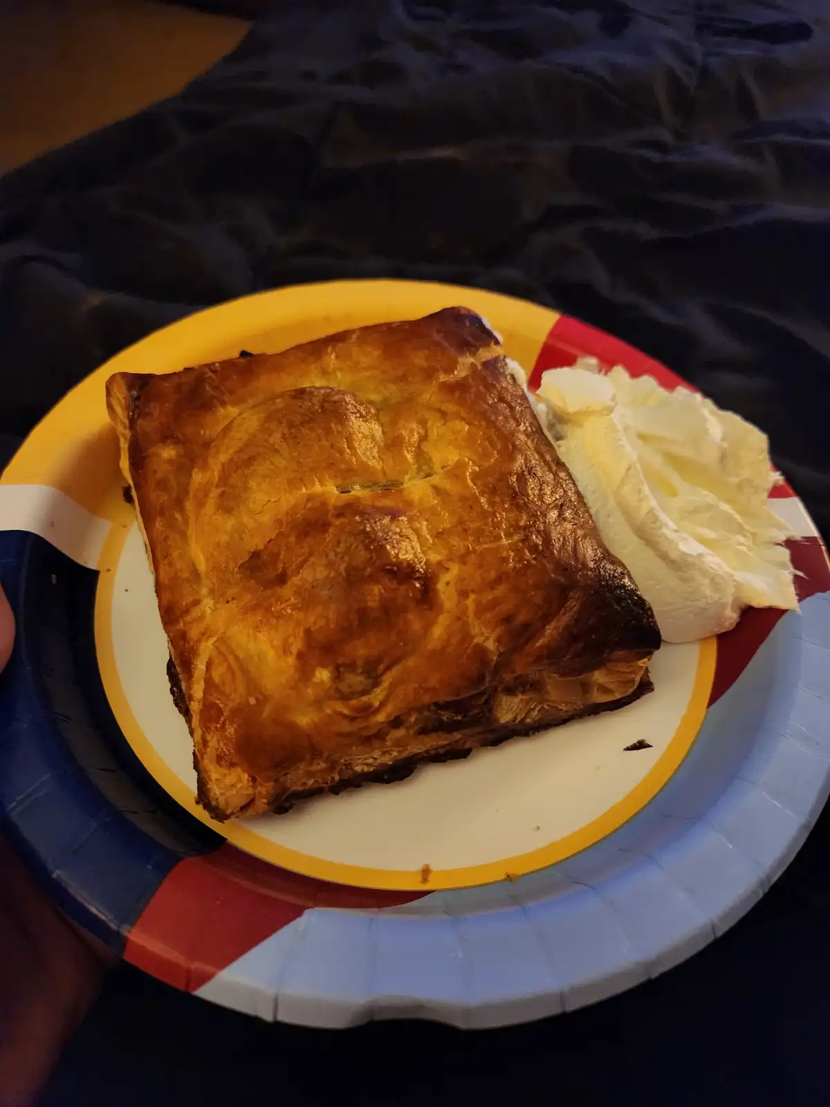 A close-up photo shows a golden-brown, rectangular pastry with a flaky crust, served on a colorful paper plate alongside a…