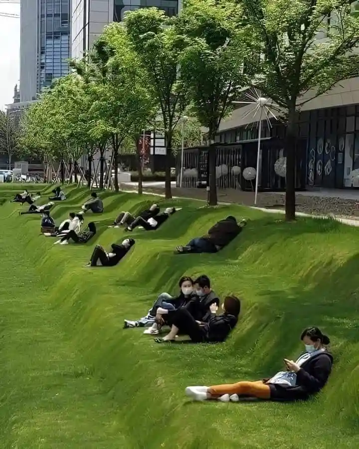 A group of people are lounging on a series of grassy, sloped terraces in an urban park, many wearing face masks and looking…