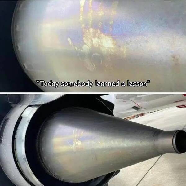 The image is a two-panel meme showing the nose cone of a spacecraft or rocket. The top panel shows a close-up of the shiny…
