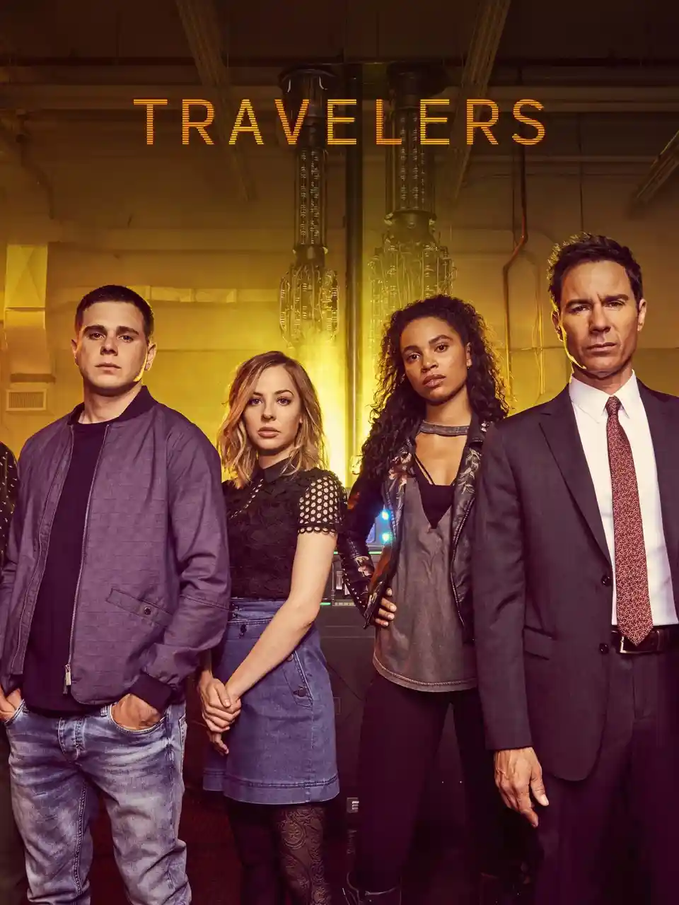 A promotional poster for the TV show 'Travelers' features four main characters standing in a dimly lit, industrial-looking…