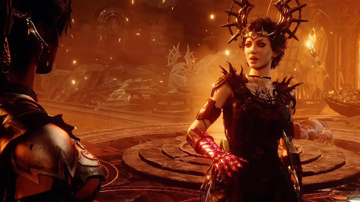 A video game screenshot shows a female character with dark, ornate armor and a spiked crown, standing in a fiery, ruinous…