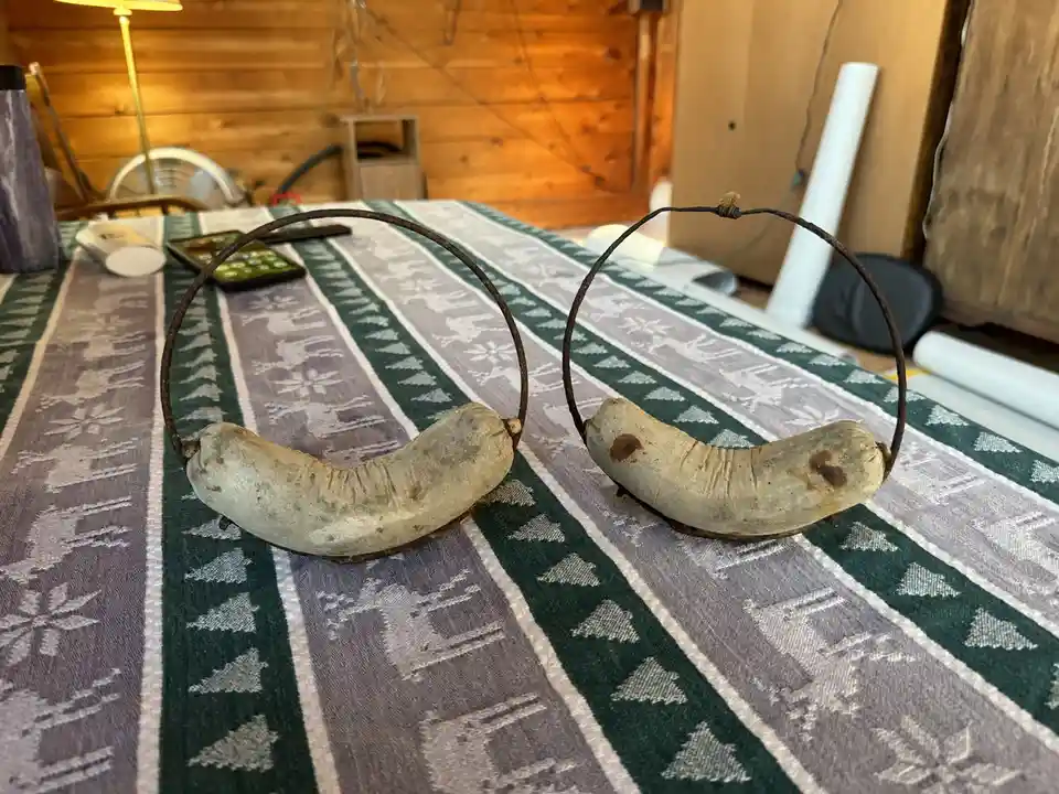 Two dried, curved, pale sausages are suspended in rusty metal hoops on a patterned tablecloth. The image is overlaid with…