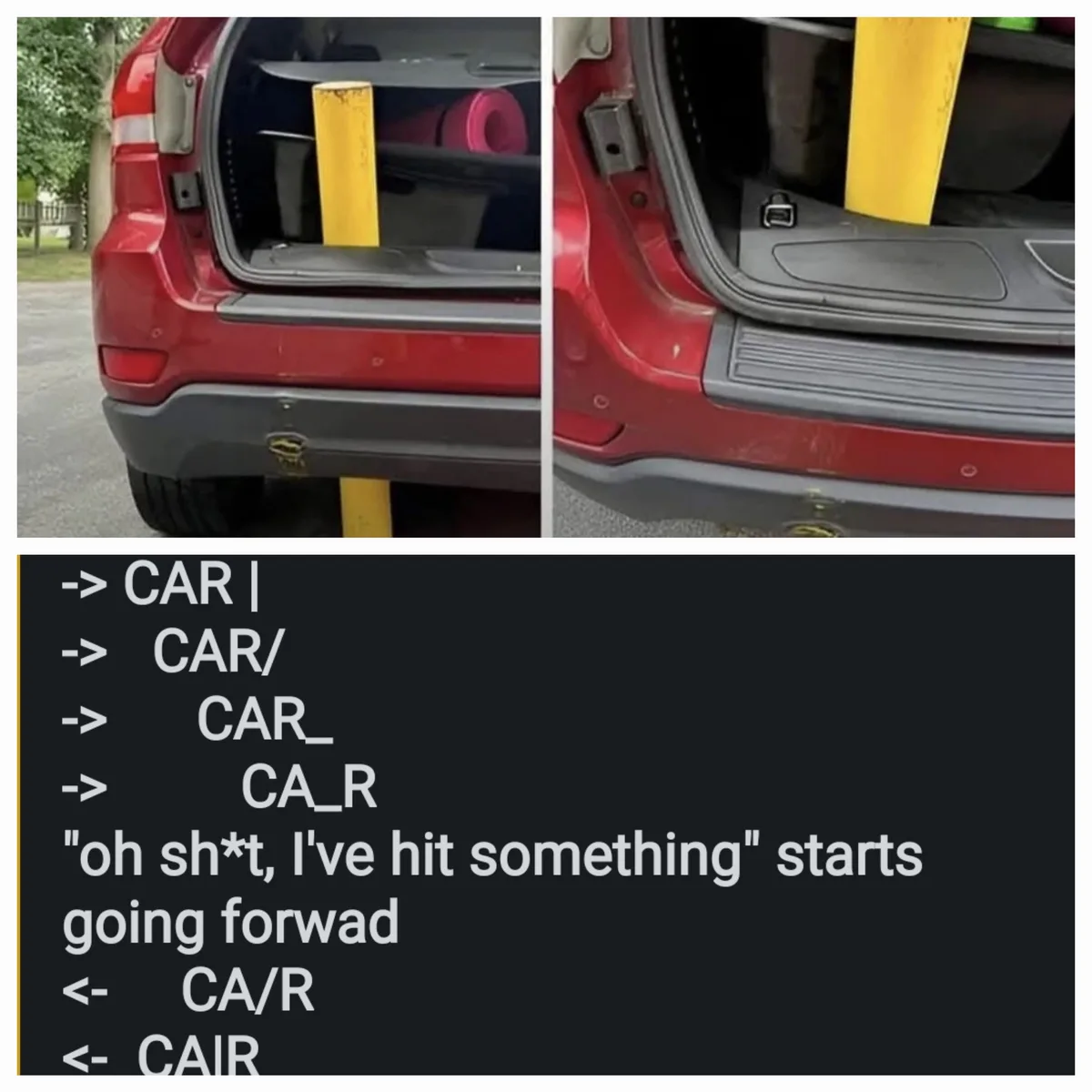 A red car's trunk is shown with a yellow pole stuck inside, visually demonstrating how the word 'car' can be manipulated by…