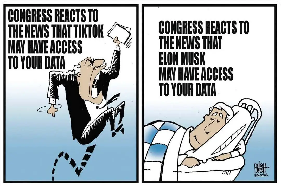 Two-panel cartoon: left panel shows a man in a suit leaping in panic while holding papers, captioned 'Congress reacts to the…