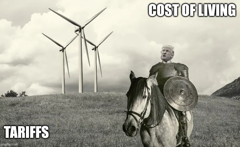 A black-and-white image shows a person with Donald Trump's face, dressed in medieval knight armor and riding a horse while…