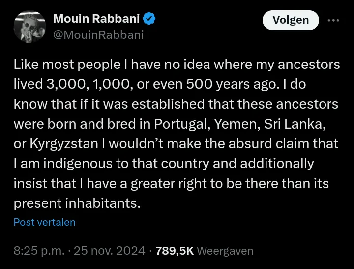 A screenshot of a tweet by Mouin Rabbani, whose profile picture shows a person in a mask. The tweet text is overlaid on a…