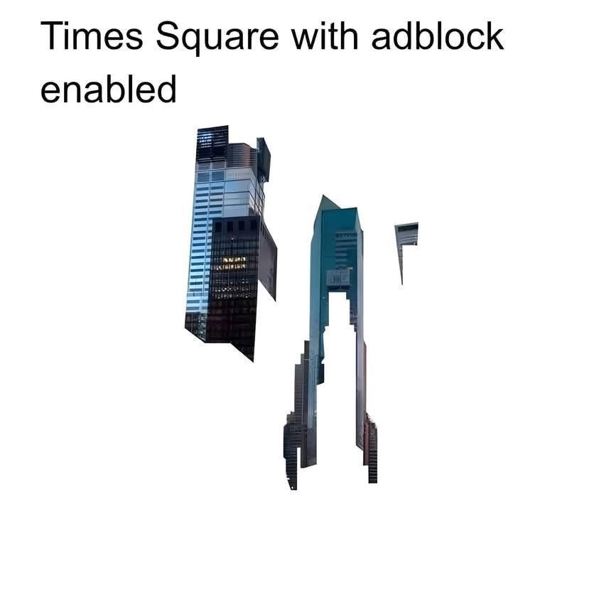 The image shows a digitally altered view of Times Square buildings, where large billboards and advertisements have been…