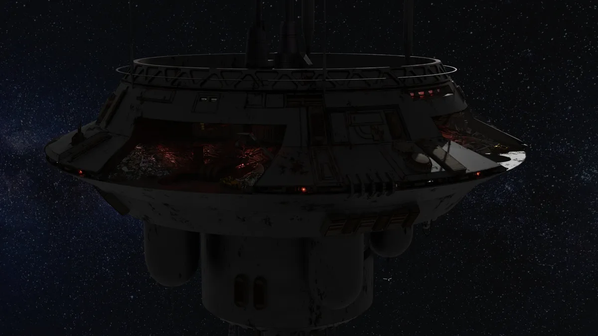 A dark, damaged spaceship with glowing red interior lights floats in a star-filled space background. The overlaid text reads…
