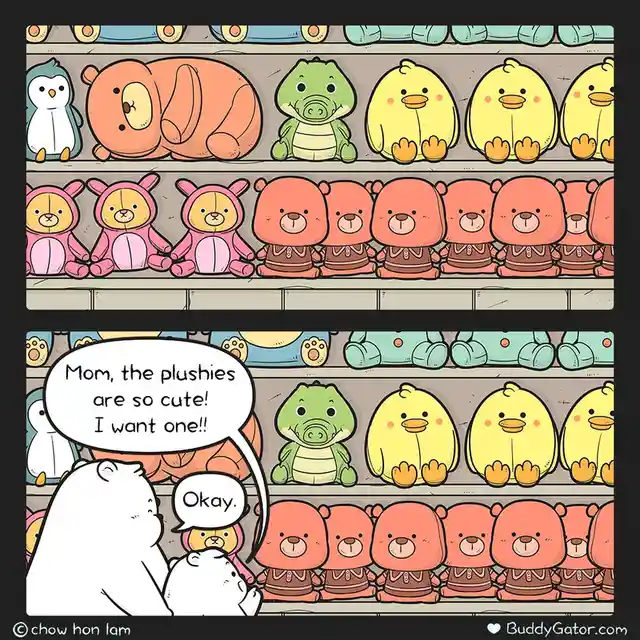A cartoon child looks up at shelves full of colorful plush toys including penguins, elephants, crocodiles, and ducks…
