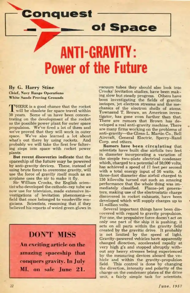 A vintage 1957 magazine article titled 'ANTI-GRAVITY: Power of the Future' from 'Conquest of Space' features a red rocket…