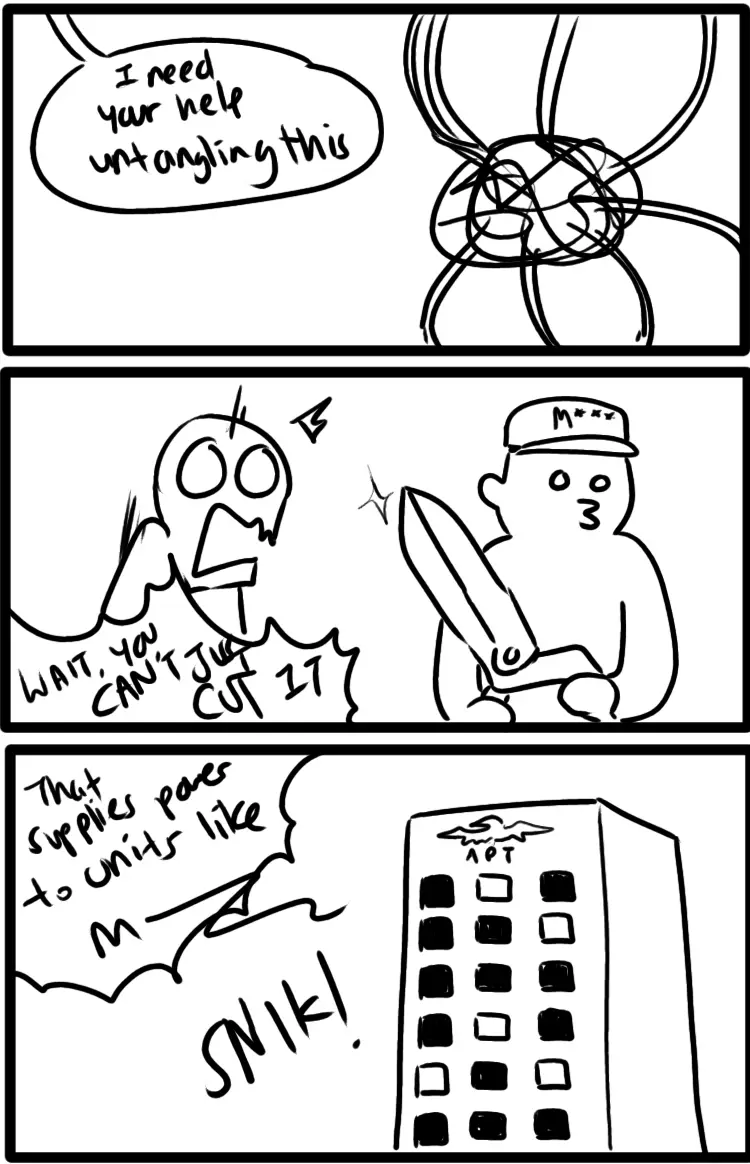 A three-panel comic shows a character asking for help untangling a knot. Another character, holding a knife, exclaims they…