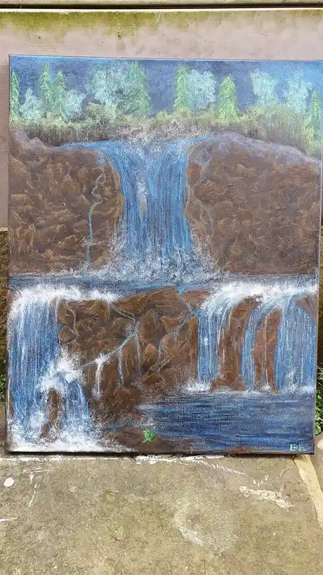 A painting of a multi-tiered waterfall with brown rock formations and blue water, set against a forested background, is…