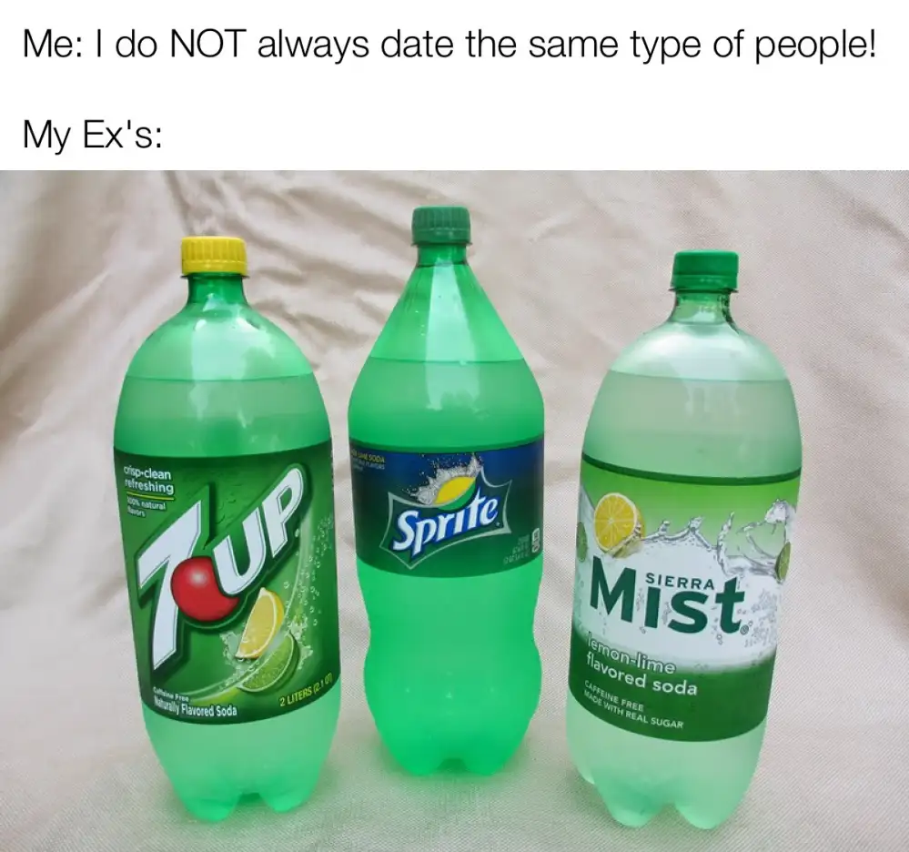Three large green soda bottles — 7UP, Sprite, and Sierra Mist — are lined up side by side on a light-colored fabric surface…