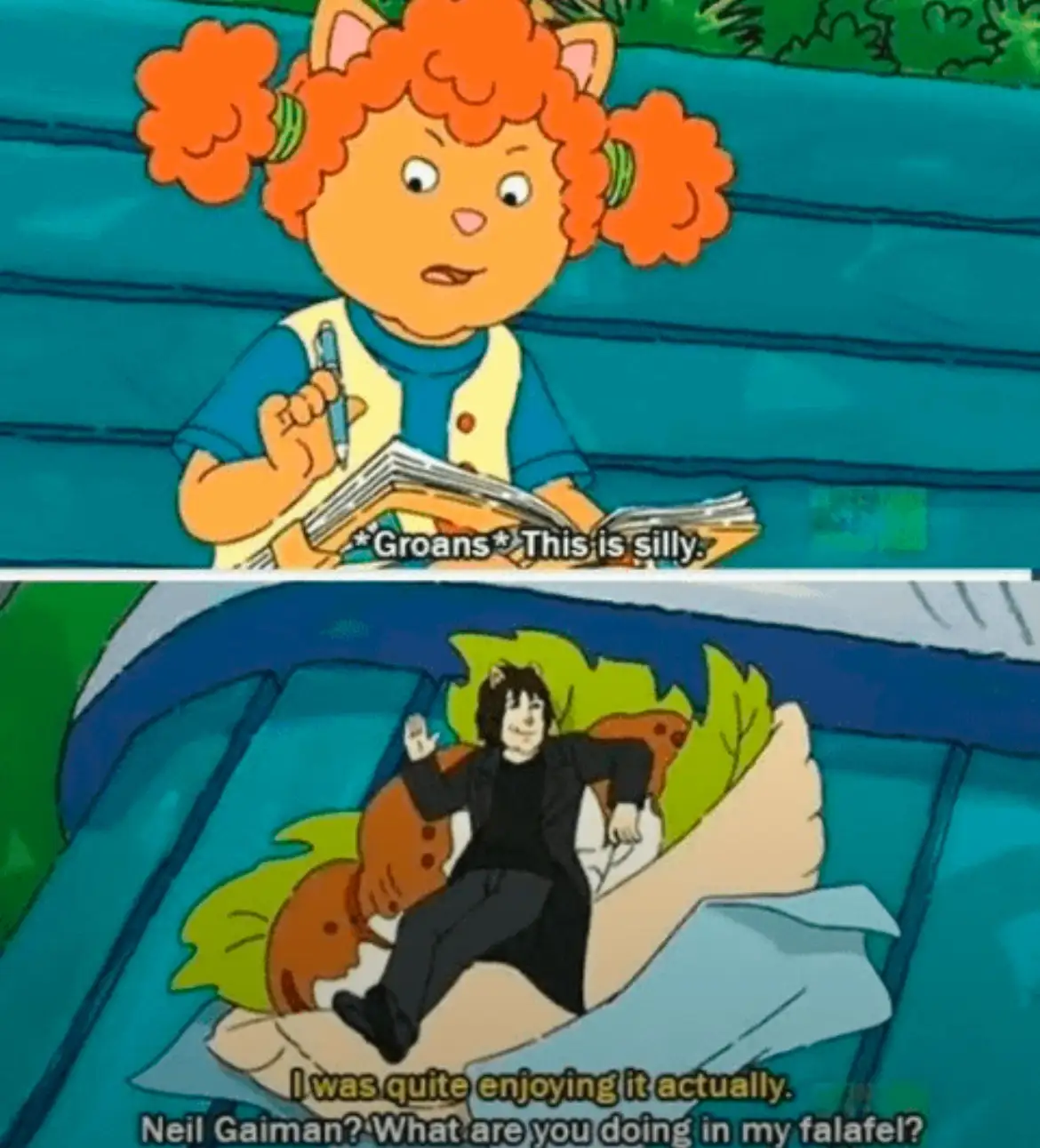 The top panel shows a cartoon girl with orange pigtails holding a pen and notebook, looking annoyed with text saying…