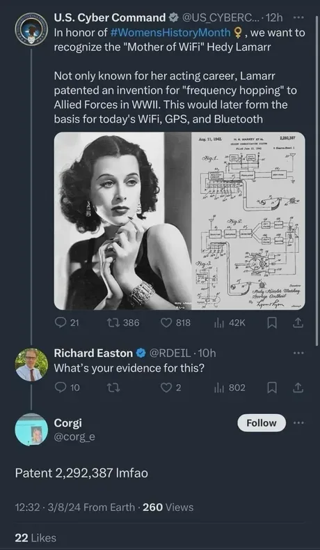 A screenshot of a Twitter thread where U.S. Cyber Command posts a tribute to Hedy Lamarr, showing her photo alongside her…