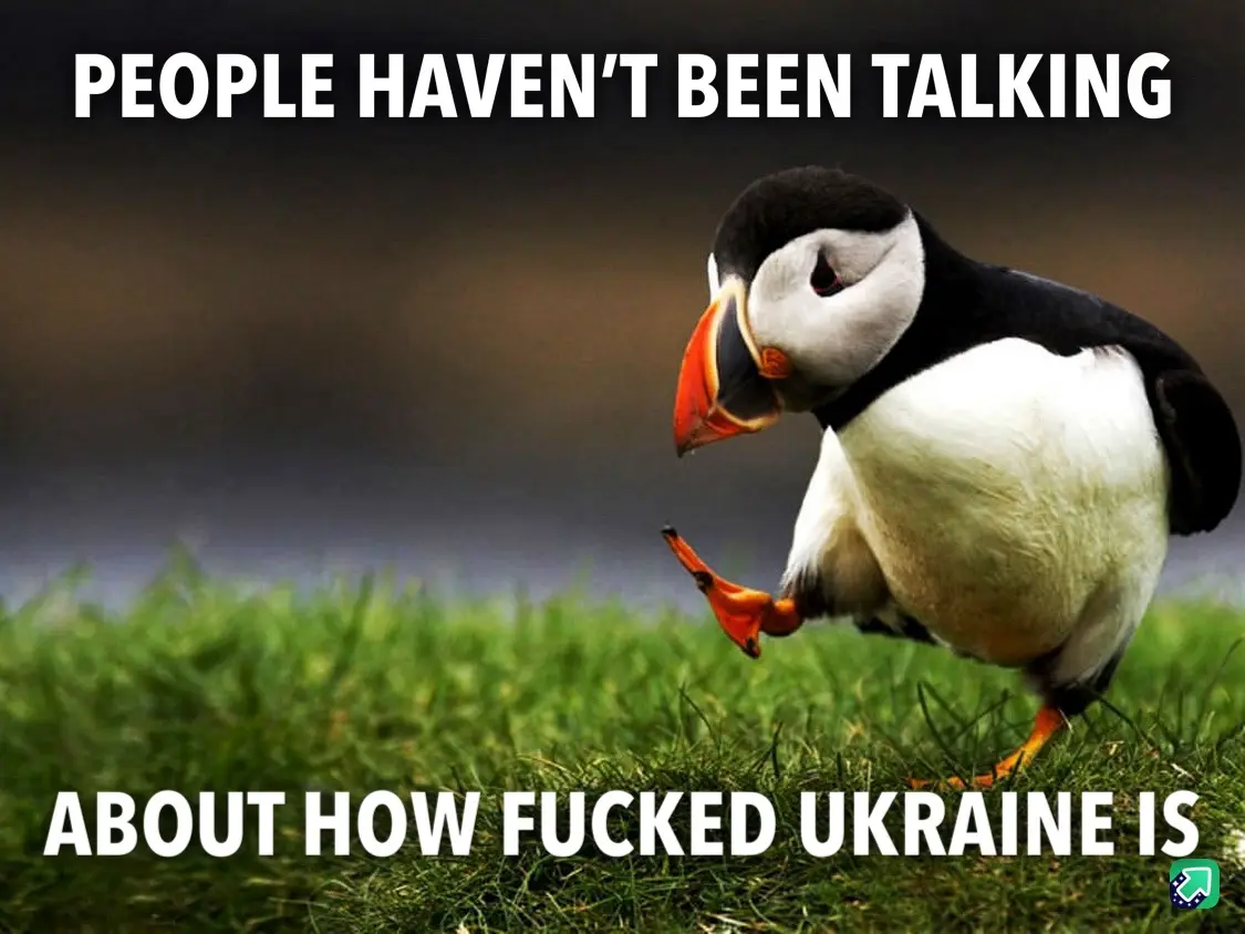A photograph of a puffin standing on green grass, looking down with one foot lifted, overlaid with bold white text reading…