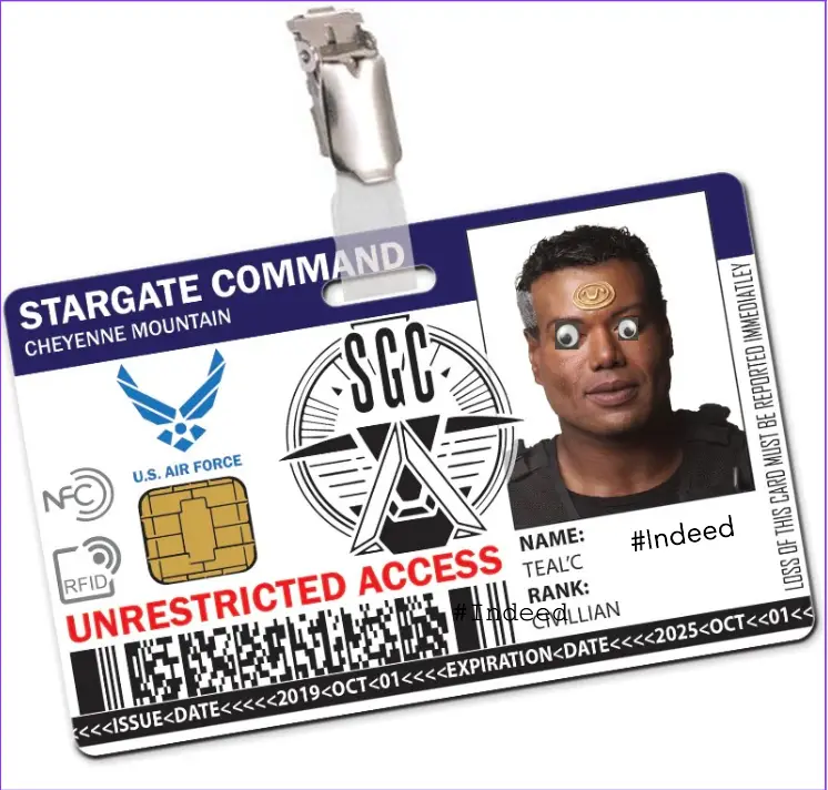 A Stargate Command ID badge with a photo of Teal'c from Stargate SG-1, whose eyes are digitally replaced with cartoonish…