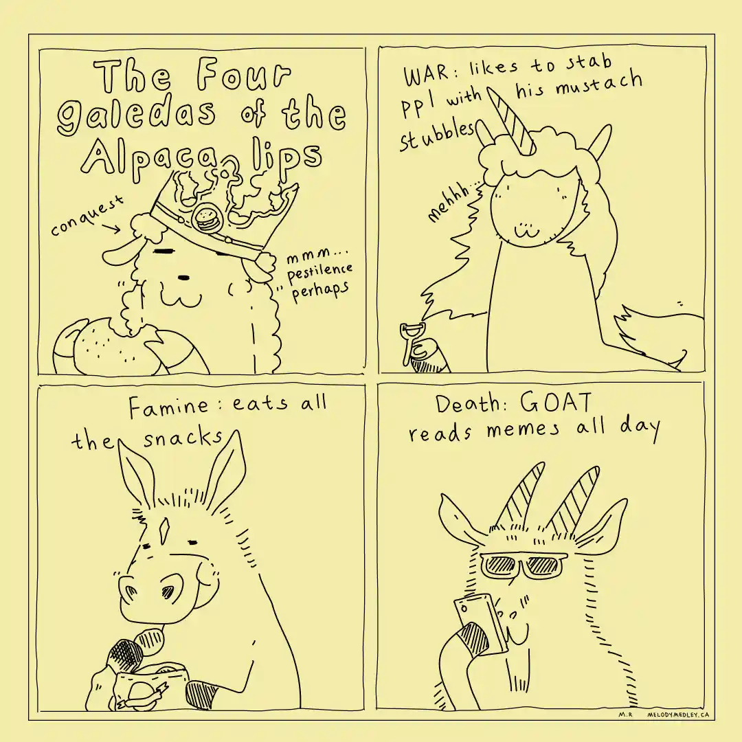 A four-panel comic strip featuring cartoon alpacas and a unicorn, each representing one of 'The Four Galedas of the Alpaca…